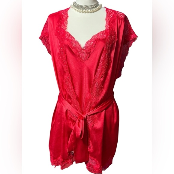 Victoria’s Secret Red Satin Rhinestoned Lace Chemise with Matching Robe M Medium - Picture 1 of 16
